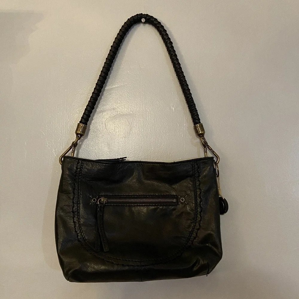The Sak Black Leather Shoulder Bag Purse Braided‎ Strap Brass Hardware EUC Y2K